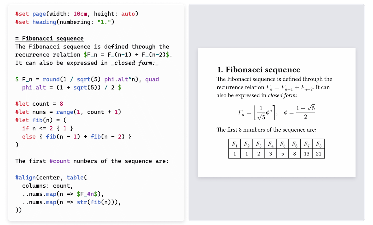 Typst example with Fibonnaci sequence marked up on the left and rendered on the right