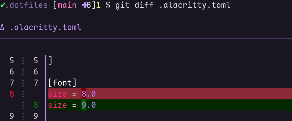 A git diff displays a config change, increasing editor font size from 8 to 9 points