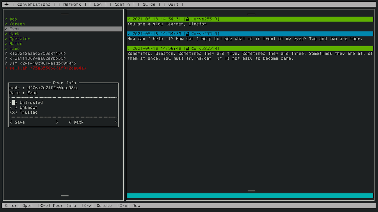 Nomad Network terminal UI with a list of conversations in the left panel and the list of messages from a selected conversation in the main panel