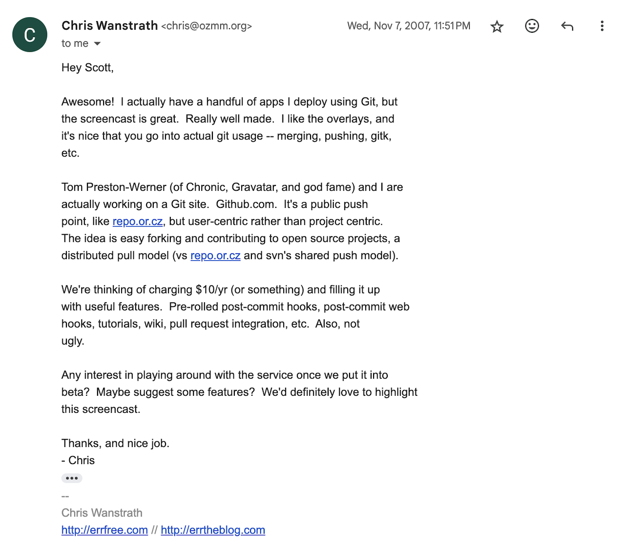 Chris Wanstrath writes an email to Scott Chacon about GitHub before GitHub was a thing