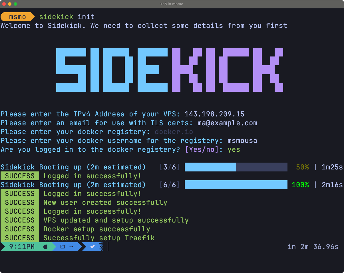 A screenshot of Sidekick running in a terminal. “Welcome to Sidekick. We need to collect some details from you first.”