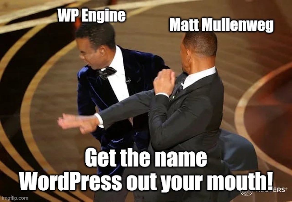 Will Smith (Matt Mullenweg) slaps Chris Rock (WP Engine) onstage at the Oscars. The overlayed text states, “Get the name WordPress out your mouth!”