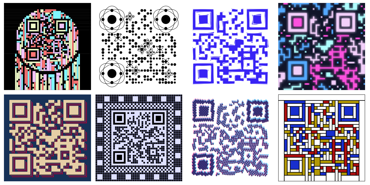 A grid of 8 different QR codes generated by qrframe.