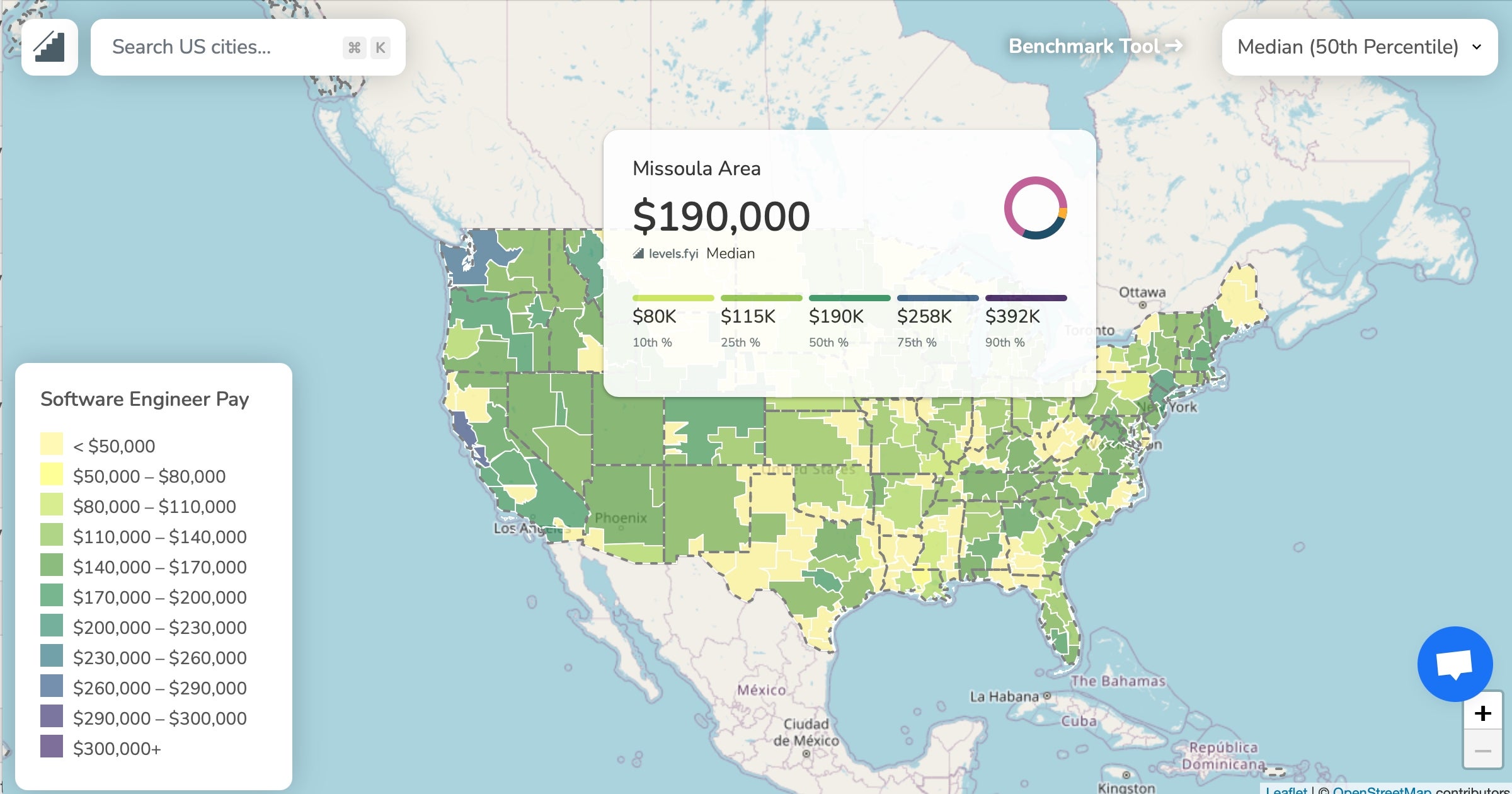 A map of the United States with the Missoula, Montana area selected. Its median salary ($190,000) is shown in an overlay.