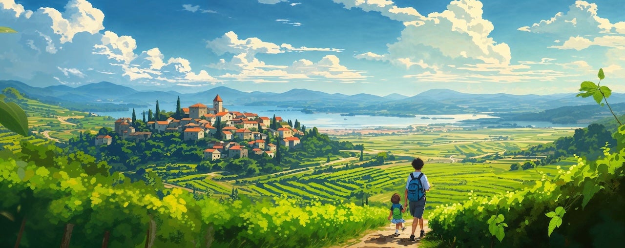 A painting of what Esmeralda might look like. An adult and a child holding hands approach a valley with the city off in the distance. Behind it a lake. Surrounding it a forrest. Cottages abound. It’s beautiful and quaint.