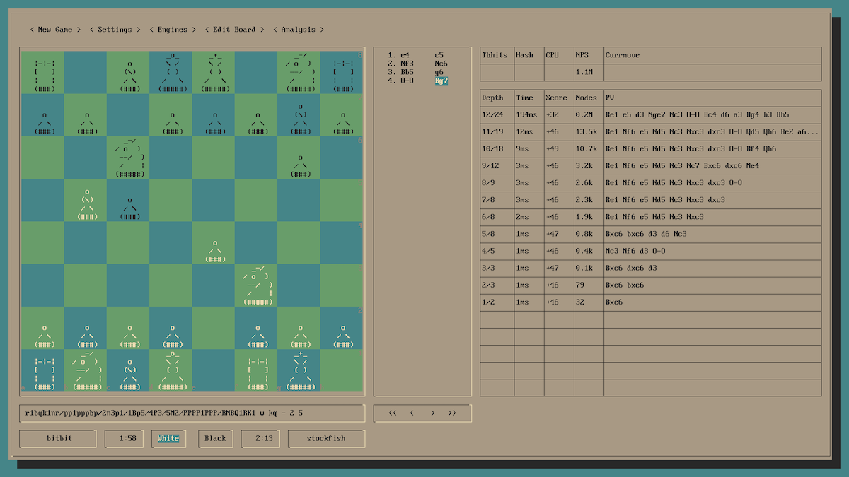 A screenshot of the nchess terminal game board. Greens and beiges abound.