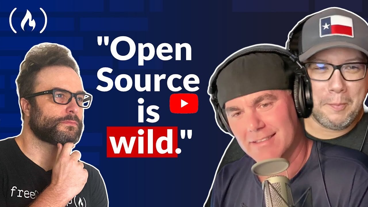 A ponderous Quincy Larson pic on the left, Adam/Jerod pics on the right. Text overlay: “Open Source is wild”