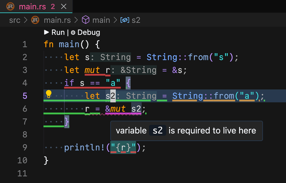 RustOwl in action: a main function with variable lifetime info overlayed