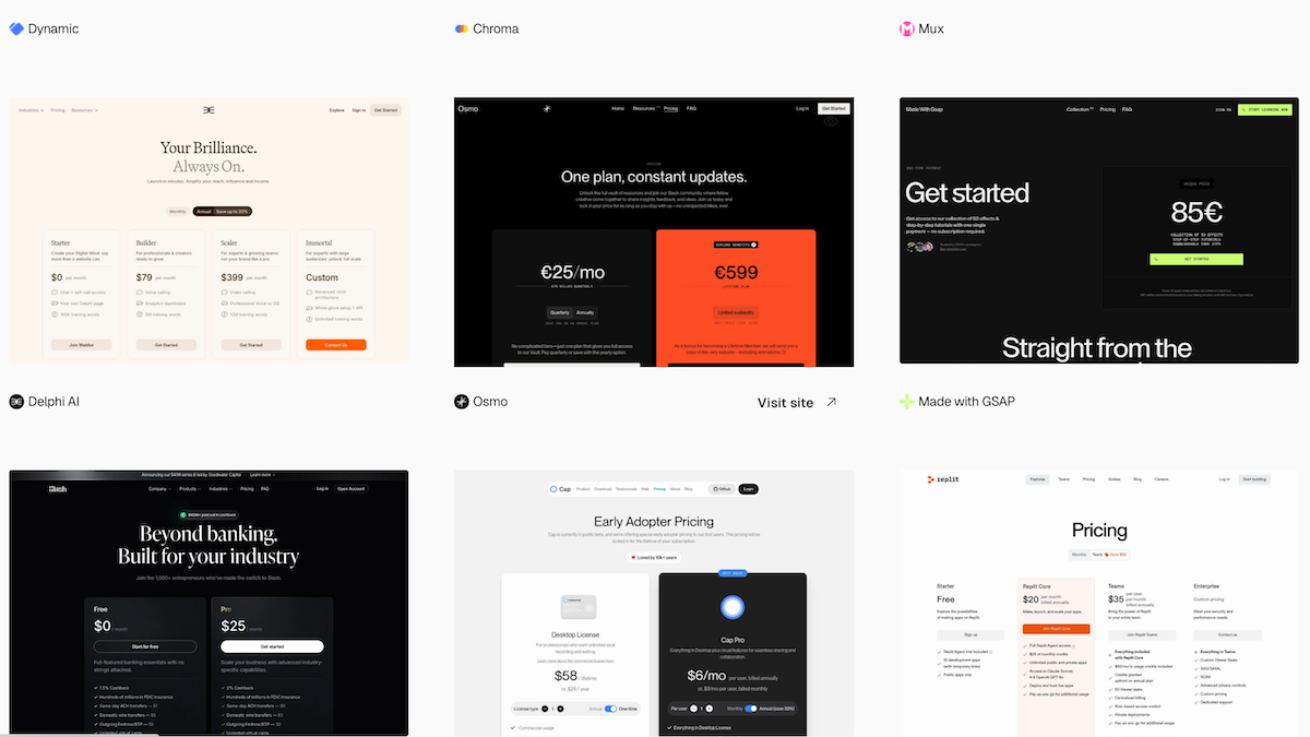 A 2x3 grid of various pricing page designs