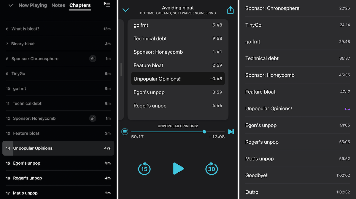 Changelog chapters in Pocket Casts, Overcast & Apple Podcasts