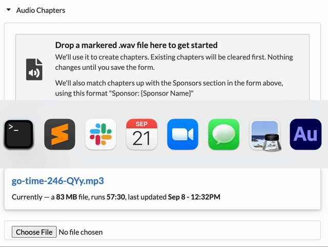 Dropping a .wav file on the chapter bootstrap drop zone of Changelog admin