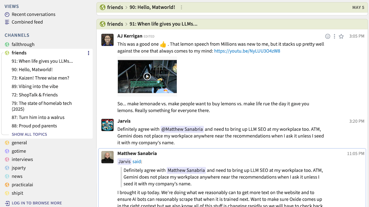 A list of threads in Changelog Zulip chat