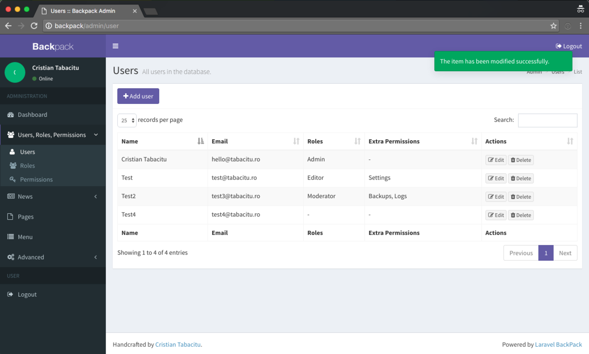 Backpack for Laravel