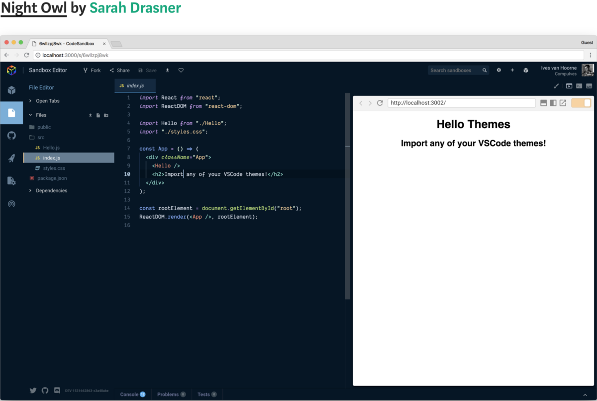 VSCode themes in CodeSandbox?