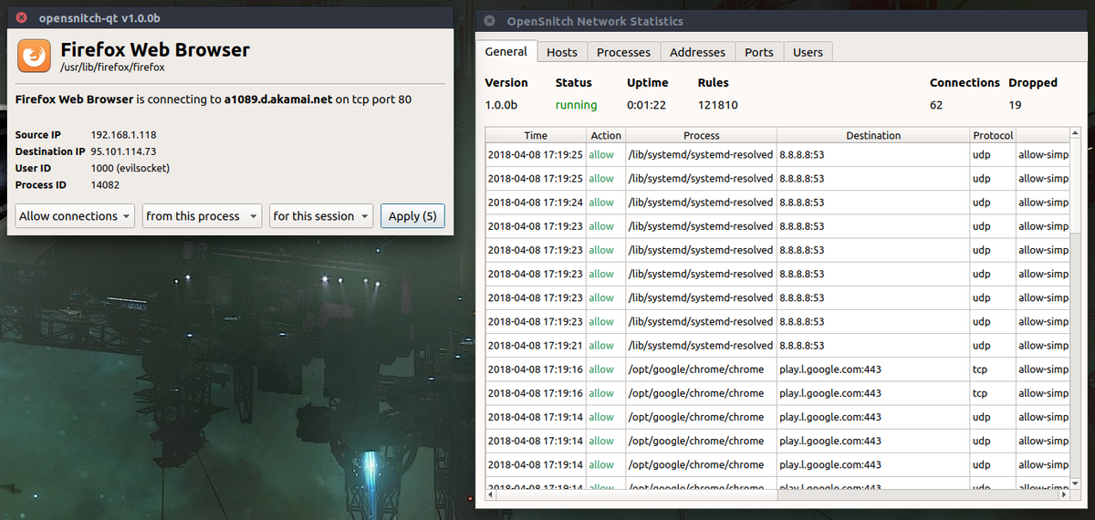OpenSnitch is a GNU/Linux port of the Little Snitch application firewall