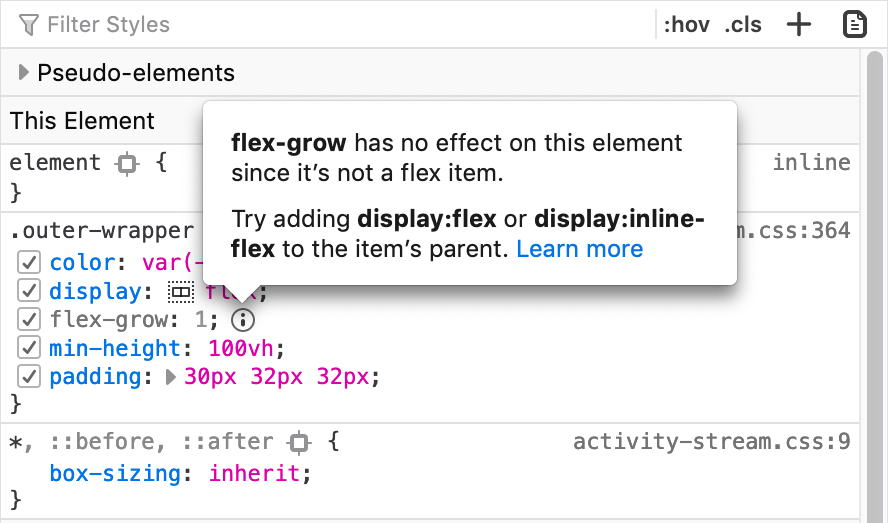 Firefox DevTools now shows inactive CSS